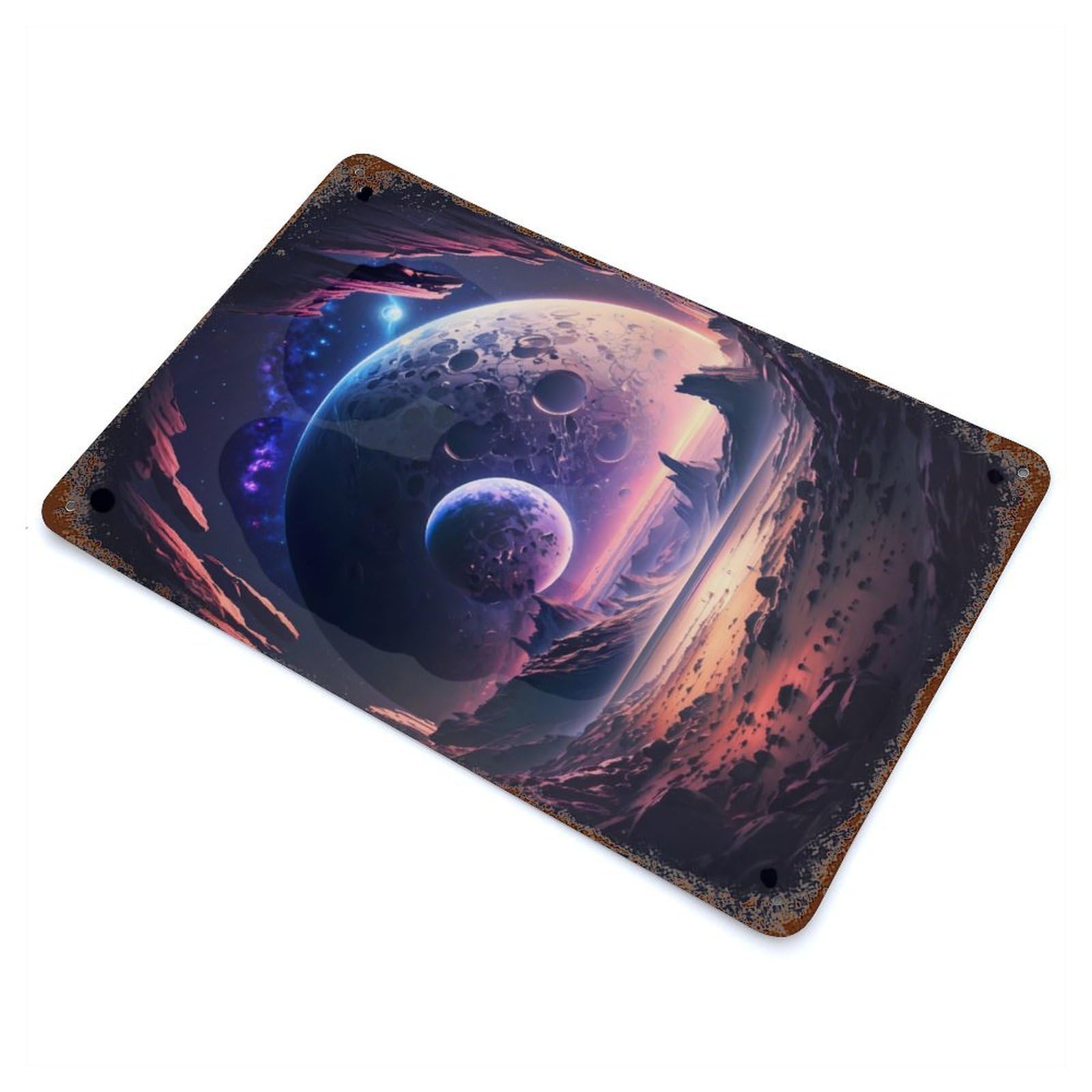 Stellar Space Landscape 11.8"x7.9" Rust Effect Tin Sign, Industrial Home Decor for Living Room, Hallway And Home Decor