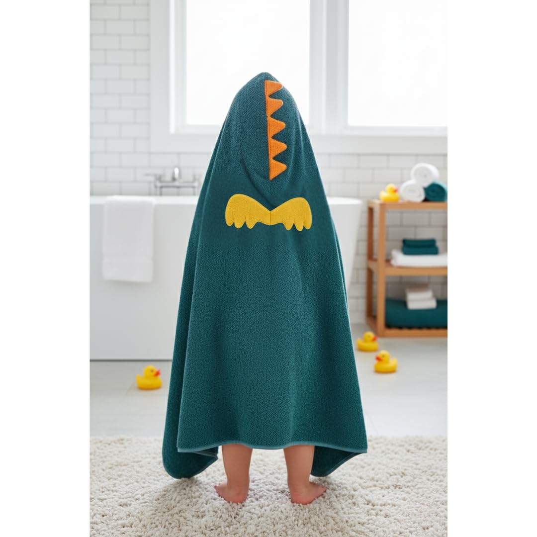 Serviette de bain à capuche pour enfants, motif dinosaure, 100 % coton, douce et absorbante, pour bain, plage et piscine, bleu sarcelle