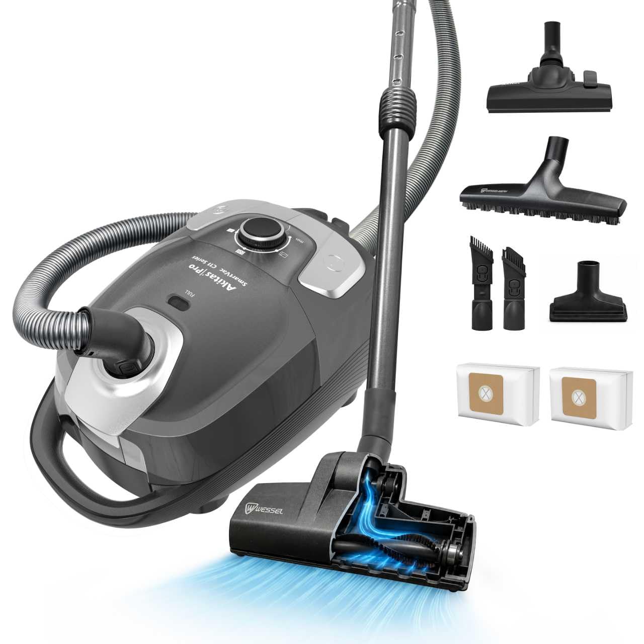 Akitas C11 Turbo 900W Bagged Vacuum Cleaner, German Wessel Spinning Turbo Brush for Carpet and Pet Hair (Cat & Dog), HEPA Filtration, 10m Cleaning Radius, with Retractable Cord and Wide Parquet Brush