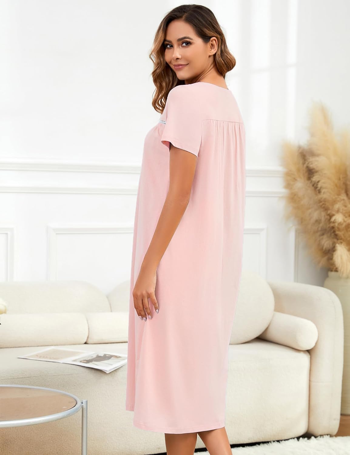 Bloggerlove 100% Cotton Nightgowns for Women Embroidery Pleated Button House Dress Long Moomoo Nightgown with Pockets - Image 5