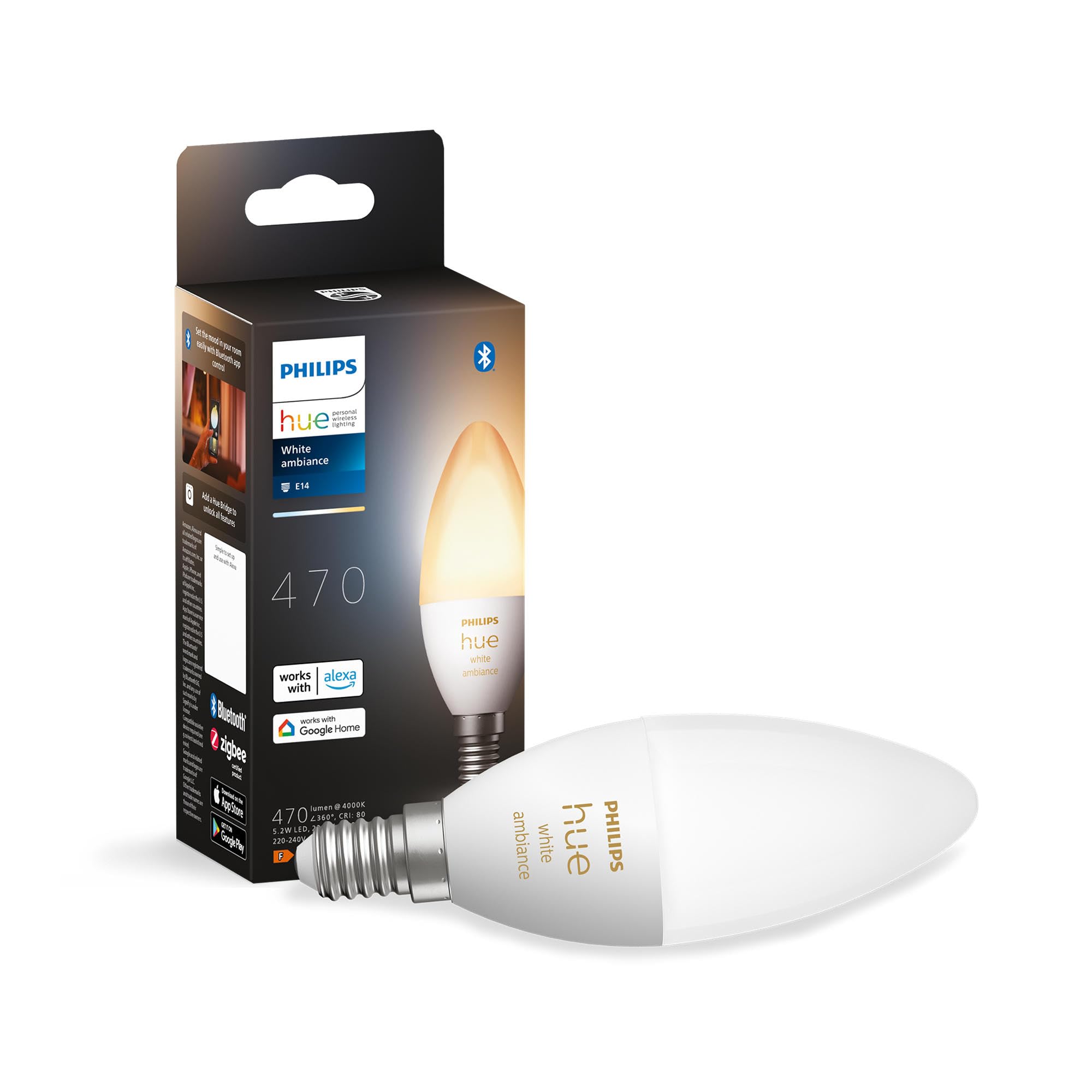 Philips Hue White Ambiance Smart Light Bulb [E14 Small Edison Screw] with Bluetooth. Works with Alexa, Google Assistant and Apple Homekit.
