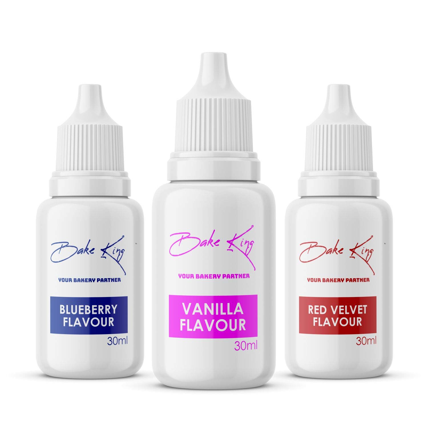 BAKE KING Combo of Blueberry, Red Velvet, Vanilla Flavour 30ML Each Essence for Baking Cakes, Jams, Jelies, Cookies, Ice Creams and Puddings Liquid Food Essence (Set of 3)