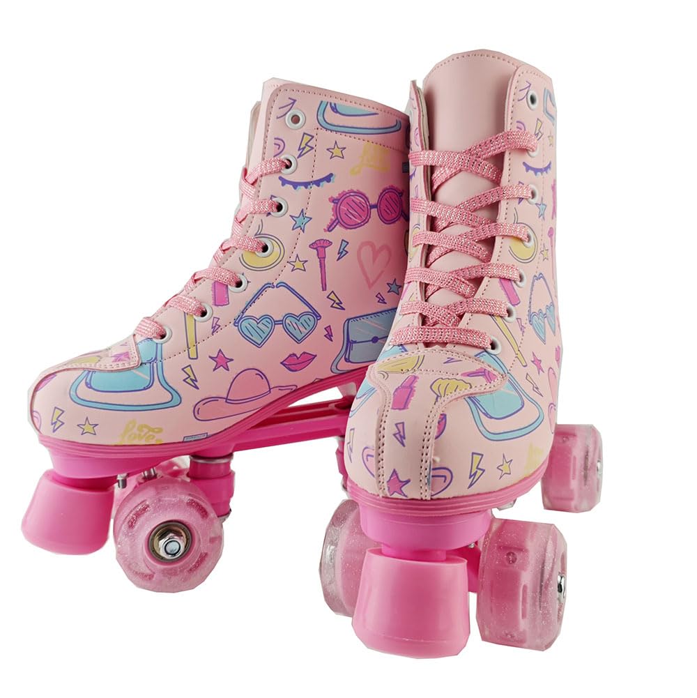 jessie Girl Roller Skates for Kid, PU Leather Flash Rainbow Adjustable Roller Skates Girls Ages 5-12 Four-Wheel Beginner Adult Indoor Outdoor (Pink,36)