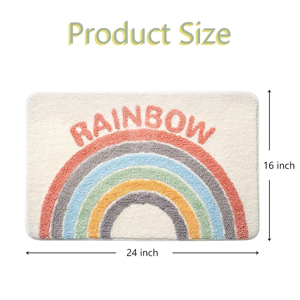 Akegna Rainbow Flocking Bath Mat, Bathroom Rug Water Absorbent Non-Slip Soft Microfiber Carpet Mat for Tub Sink Shower and Bath Room Cute Cartoon Doormat, 24"x 16"