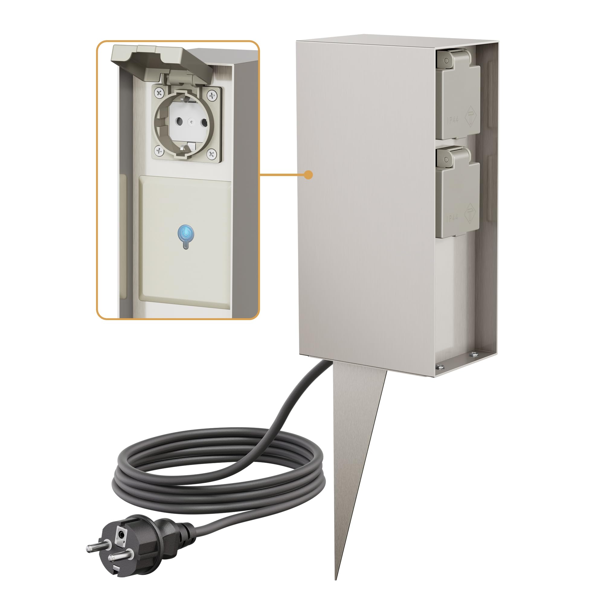 ledscom.de Enchufe de jardín Pilar POMI con piqueta de Tierra y Cable de 2m para Exterior, IP44, Smart Home, WLAN, Alexa, 3 vías, Acero Inoxidable, Cuadrado, 23cm