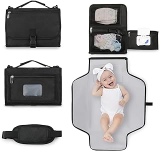 Bebamour Portable Nappy Changing Mats with Wipes Pocket Travel Baby Changing Pads with Head Cushion for Infants Waterproof Diaper Changing Pads Newborn Essentials, New Black