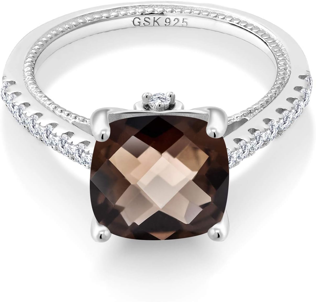 Gem Stone King 4.12 Cttw Smoky Quartz and White Created Sapphire Engagement Ring For Women | 925 Sterling Silver | Cushion Checkerboard 10MM | Wedding Anniversary Promise Ring For Women