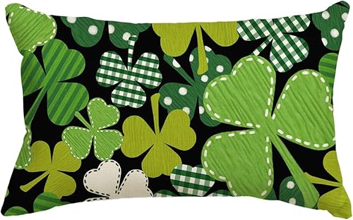 AVOIN colorlife Funda de almohada de trébol del día de San Patricio, 12 x 20 pulgadas, funda de cojín de trébol negro y verde para decoración de sofá
