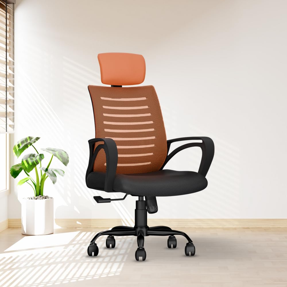 CELLBELL Desire C104 Mesh High Back Ergonomic Office Chair - Adjustable Seat Height, Sturdy Metal Base, Revolving Study & Computer Chair for Work from Home, Orange