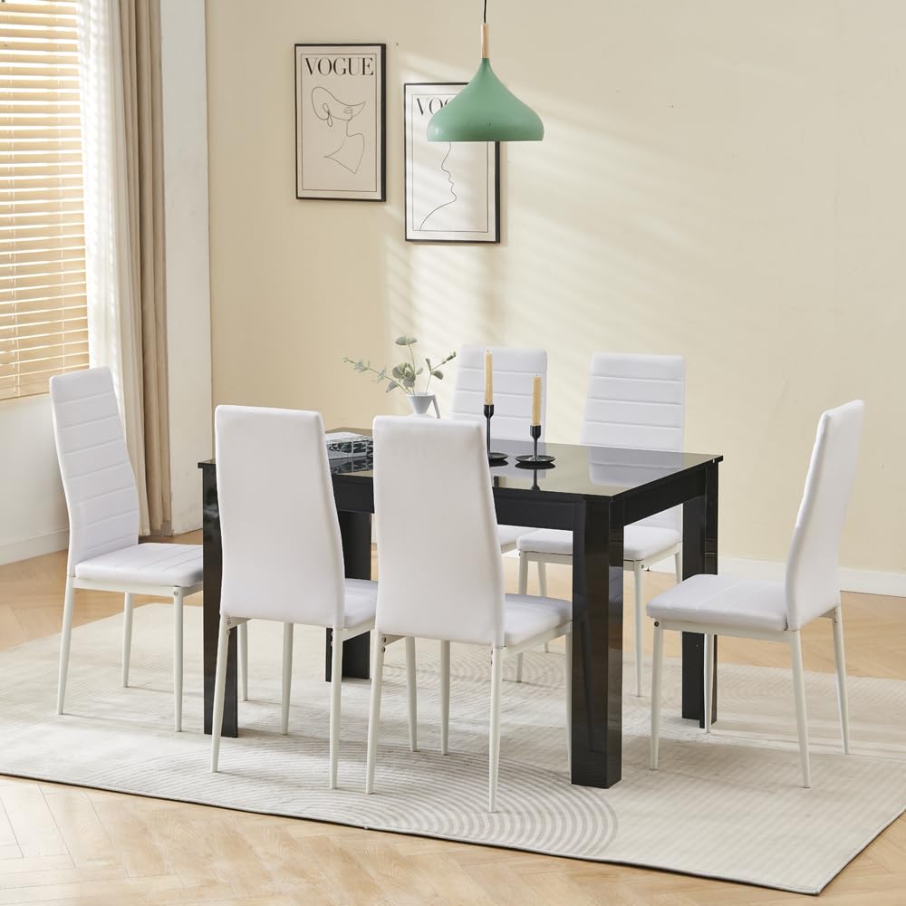 Menaka Wood Dining Table and Chairs Set of 6, Small Rectangular Kitchen Dinner Table with 6 Seaters (Line White Leather Chairs, 120m high gloss black table, 6 seaters)