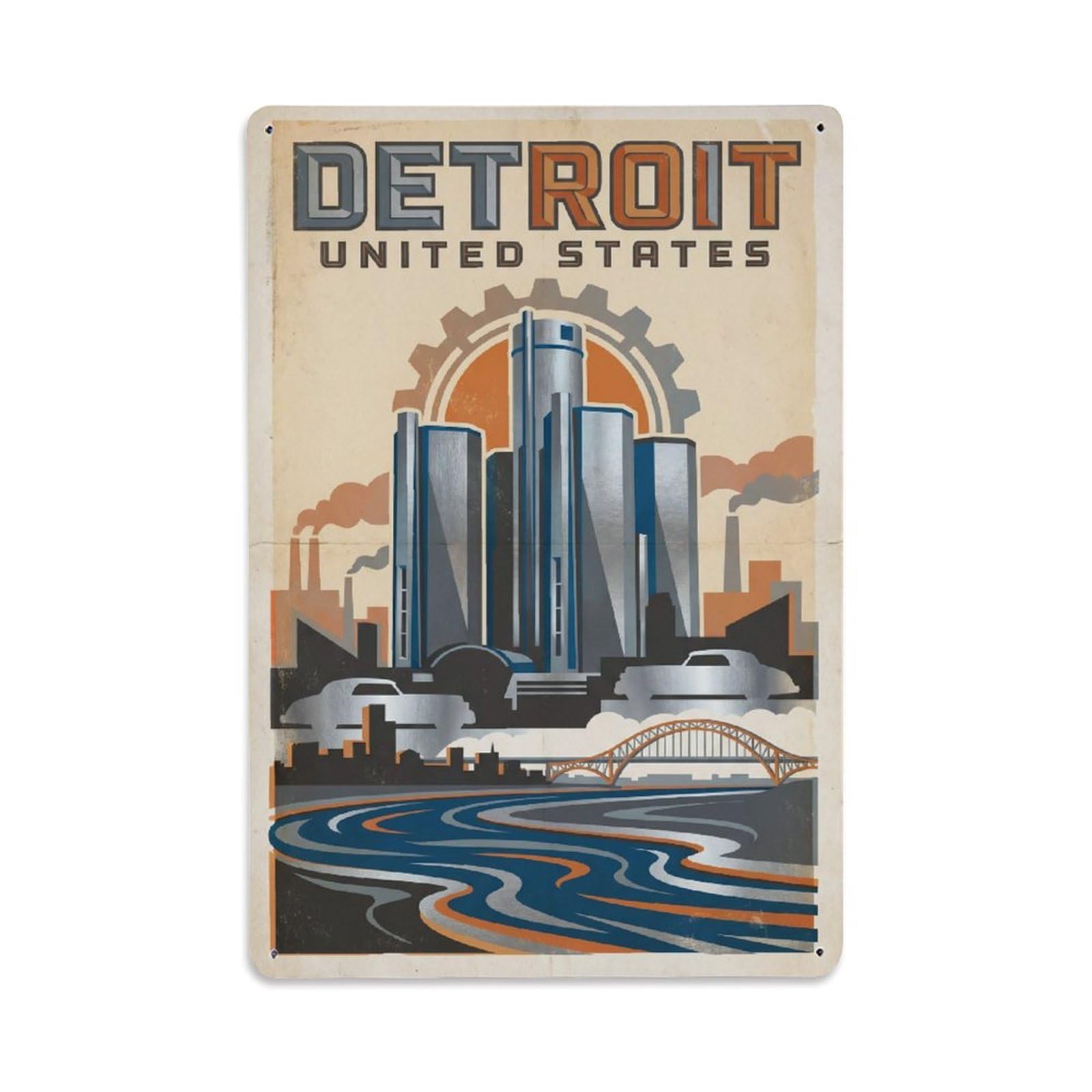 USA Detroit Vintage Travel Metal Tin Sign