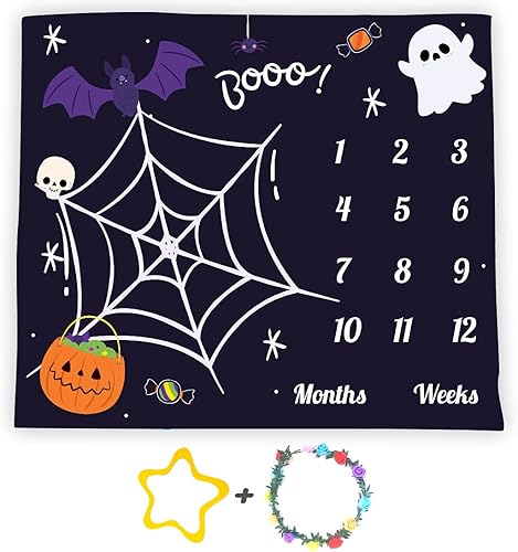 Manta mensual para bebé, 47.6 x 40.2in, franela suave, fondo de calavera fantasma y calabaza, regalos para mamá recién nacida, seguimiento de disponible en Yaxa Colombia