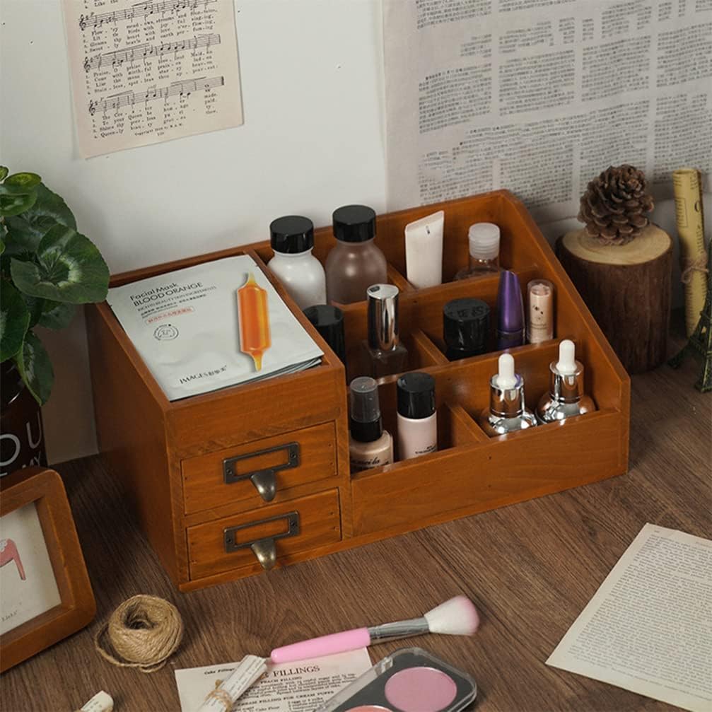 Zerodeko Wooden Desktop Organizer Compartments and Vintage Style Storage Container for Office Home and School Functional Makeup and Stationery Organizer