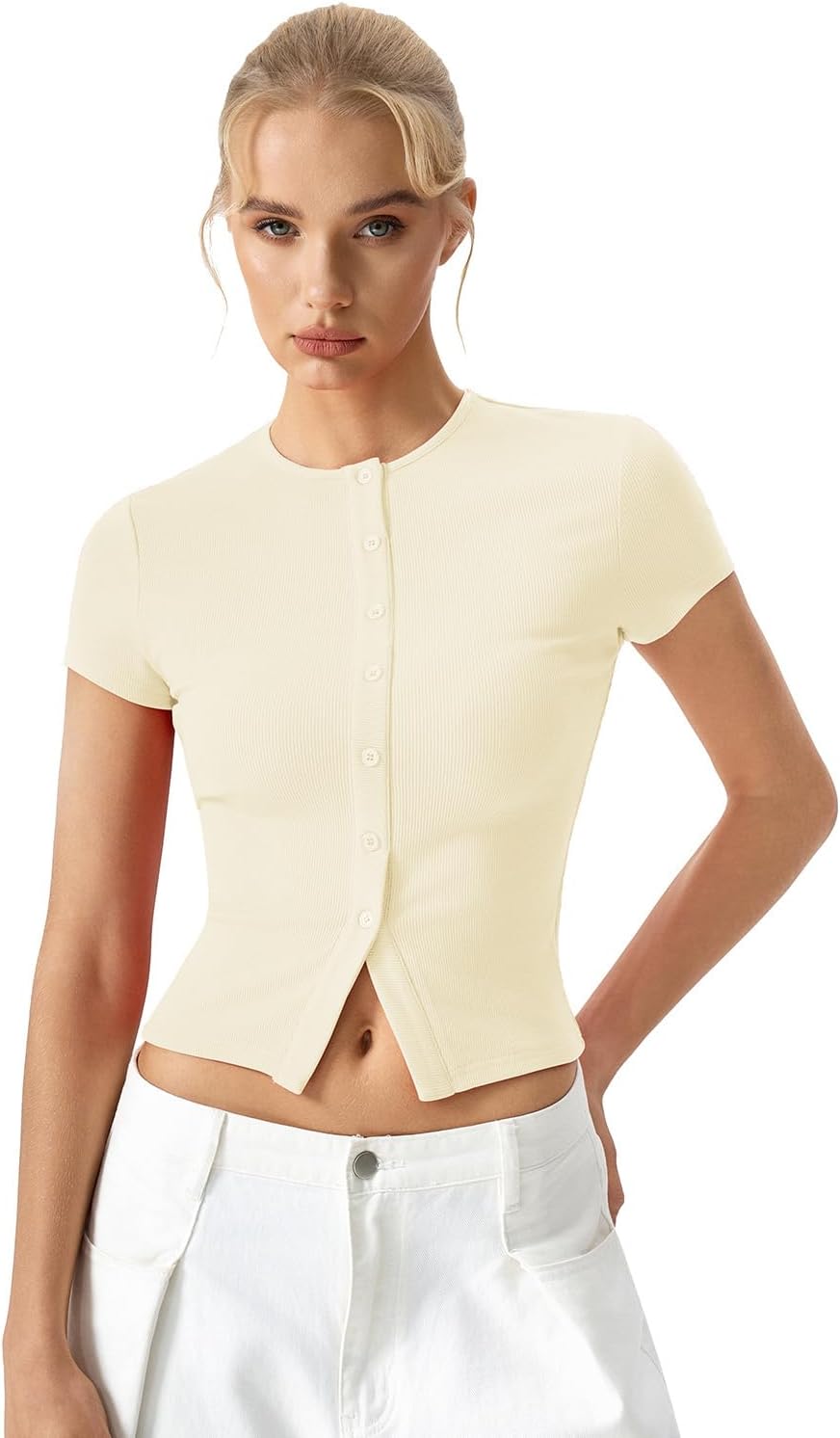 QINSEN Women's Crewneck Short Sleeve T Shirts Ribbed Button Going Out Trendy Tops