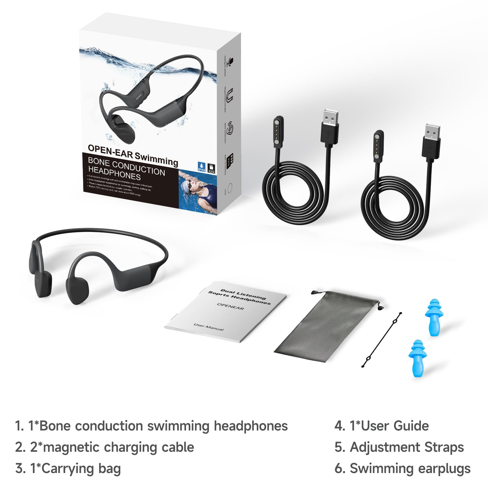 Cuffie da nuoto a conduzione ossea, impermeabili IP68, Bluetooth 5.4, cuffie integrate TF da 32 GB per nuoto, lettore musicale subacqueo, auricolari Bluetooth a orecchio aperto (nero)