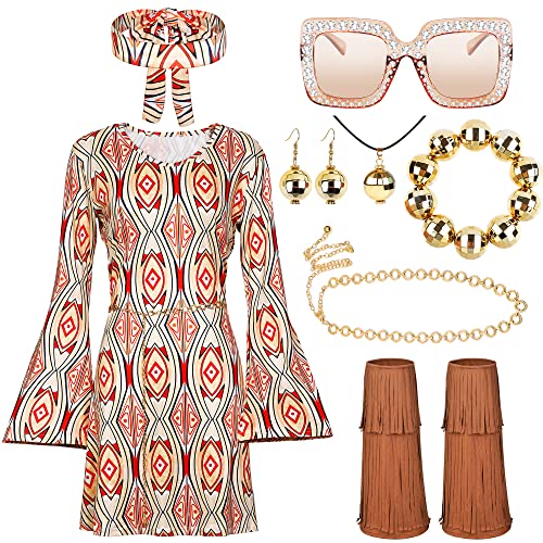 SOMSOC 8 Stück 70er Frauen Hippie Kostüm Set Kleid Stirnband Brille...