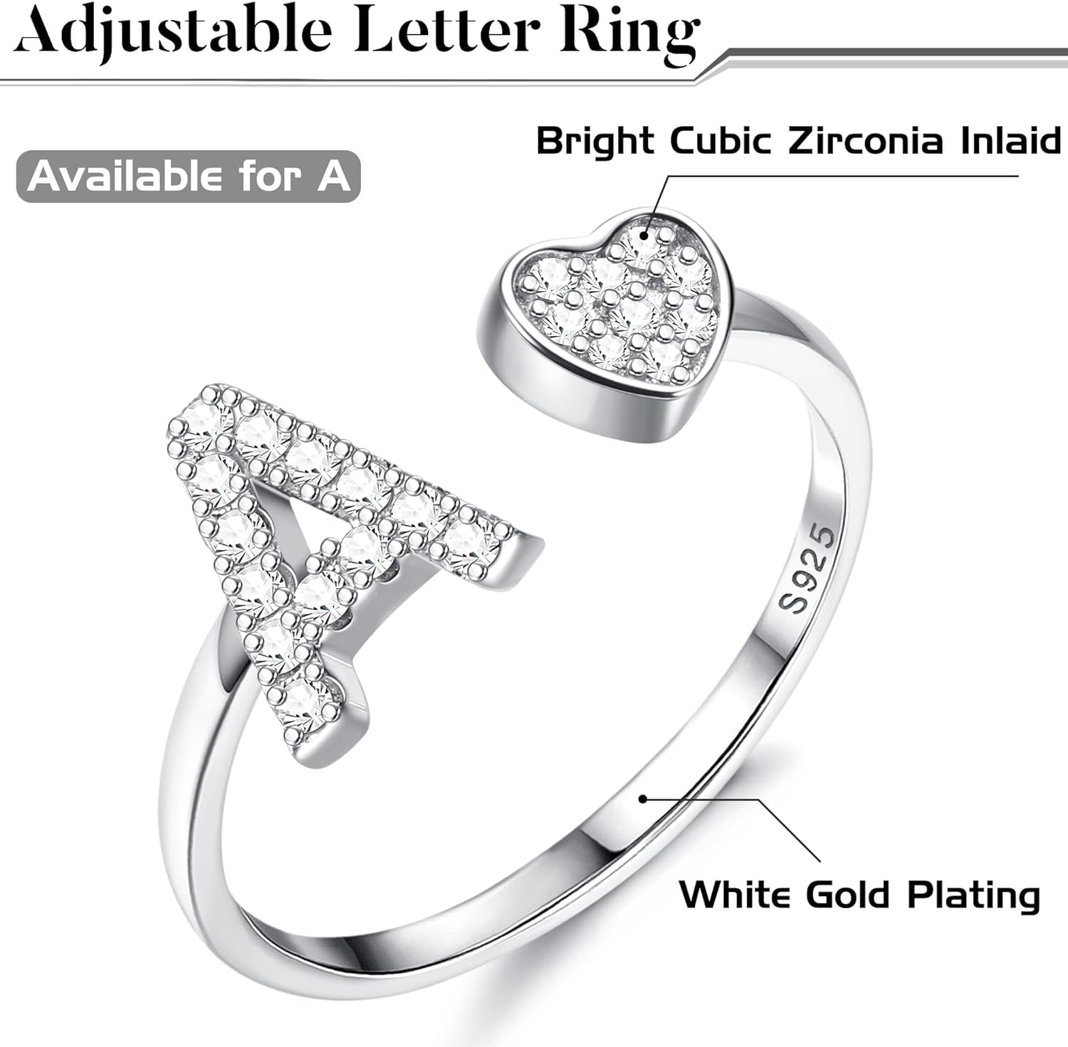 Diamday Plata de Ley S925 Ajustables Iniciales Anillos Mujeres Niñas Corazón Apilables Alfabeto Anillos Personalizado Capital Letra Anillo Inicial Joyería Regalos para Cumpleaños Navidad San Valentín
