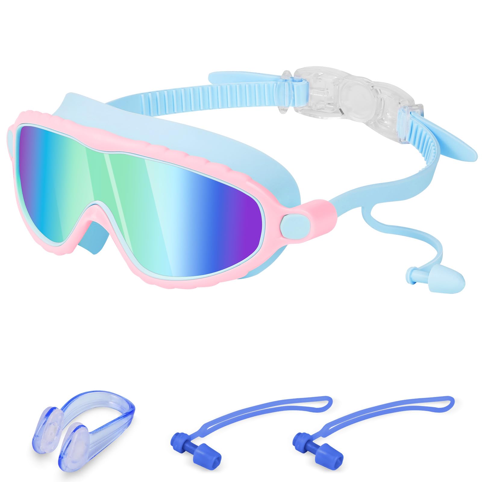 DiULi Gafas de Natación Niños, Unisex Gafas de Natación para Piscinas Cubiertas Infantiles, Doble Banda Elástica, Ajuste Cómodo, Antivaho, Visión Clara, con Estuche Tapones para Los Oídos y Clip Nasal