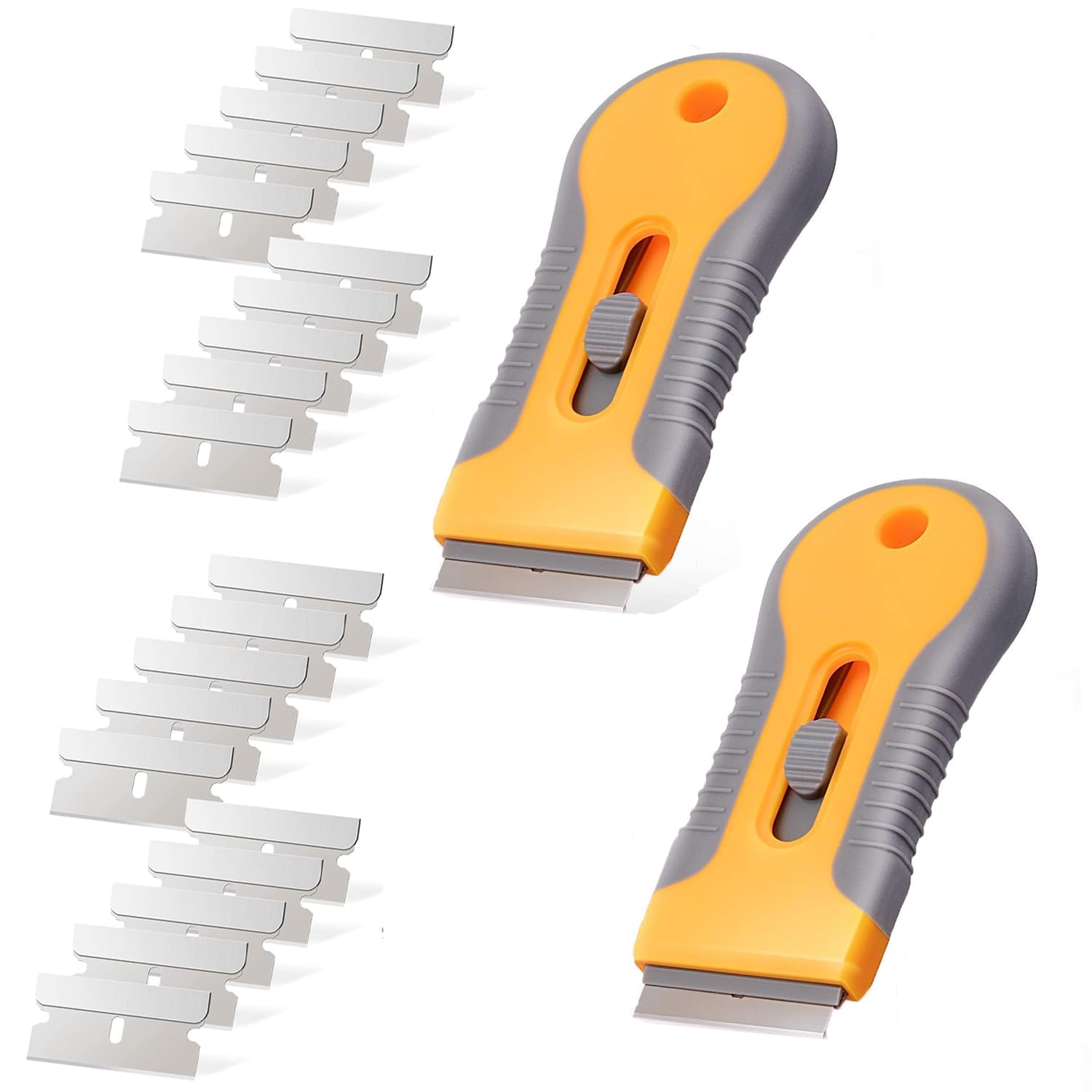 AputueRazor Blade Scraper Tool, 2PCS Retractable Plastic Razor Blade Scraper, Cleaning Razor Scraper with 20 Stainless Steel Blades, Glass Cooktop Scraper for Removing Sticker, Label (Yellow)