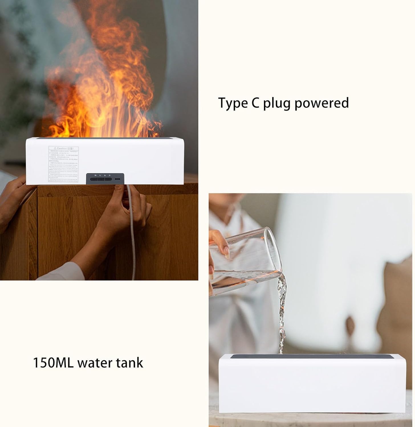 Do użytku domowego Dyfuzor olejków eterycznych, 150 ml zbiornik na wodę Timer odcinający zabezpieczenie przed awarią wody dyfuzor mgły zasilany przez USB do sypialni(Bianco)