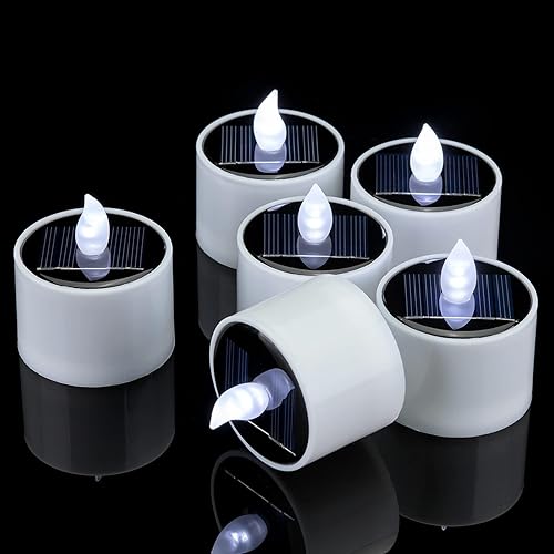 SingTok 6 velas de té alimentadas por energía solar, impermeables, recargables, LED parpadeantes, sin llama, votivas, funciona con pilas para