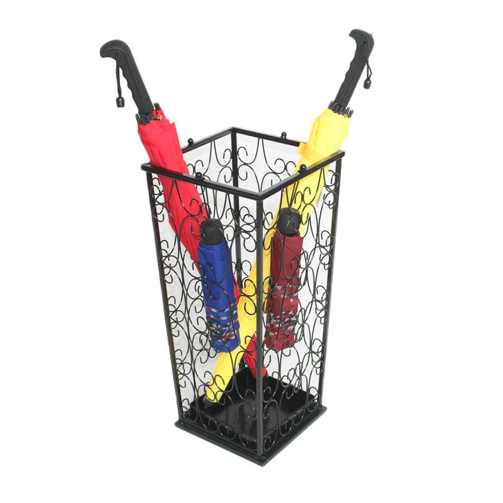 Porte-parapluies en métal carré noir avec bac d'égouttement et crochets pour entrée