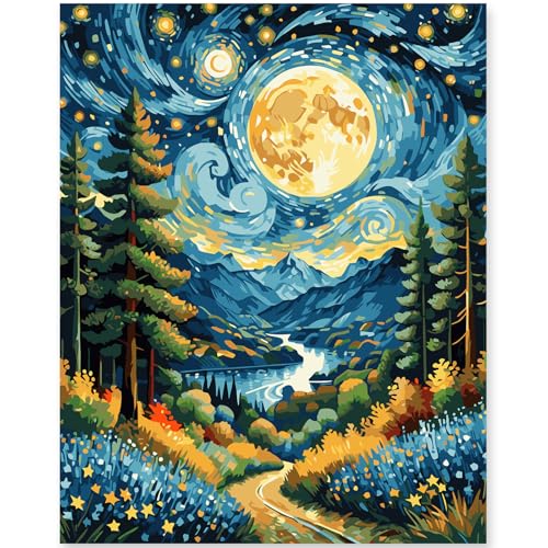 EFOTIML Paint by Numbers Kit per adulti principianti e bambini Età 8-12, 1pcs 16x20 Canvas per kit di vernice per adulti in scatola colorata (senza cornice) - Mountain River Moon Stars