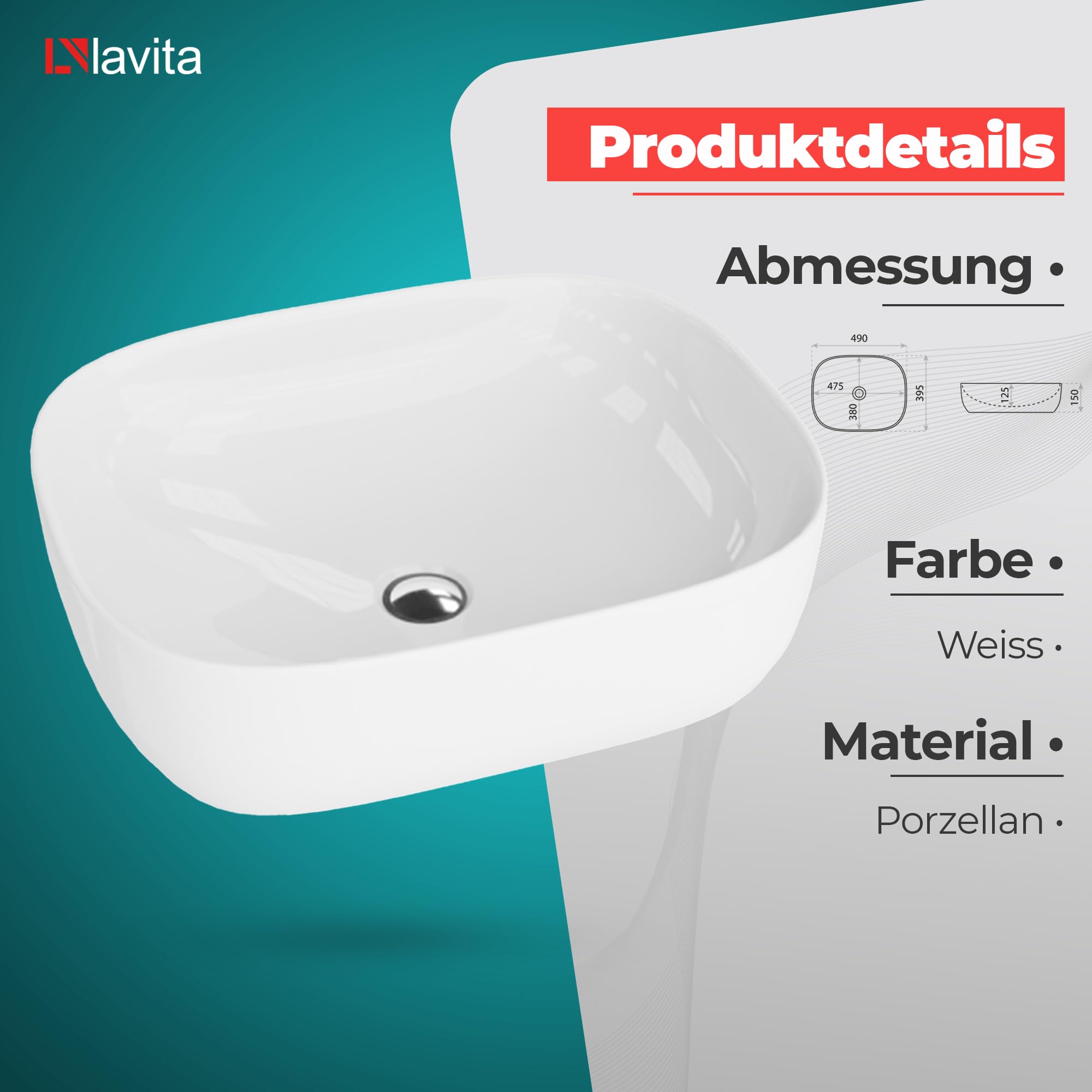 LAVITA Lavabo sobre encimera Giro Lavabo de montaje sobre encimera Rectangular Lavabo sin rebosadero y sin orificio para grifo De porcelana de alta calidad Lavadero de cerámica moderna para baño