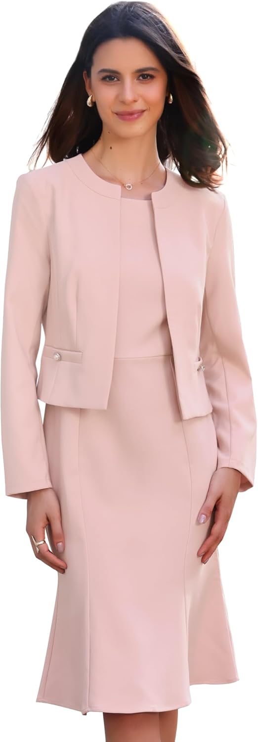 Allegra K 2 Piece Suit Dress Set for Women's Business Sleeveless Dress and Crop Blazer