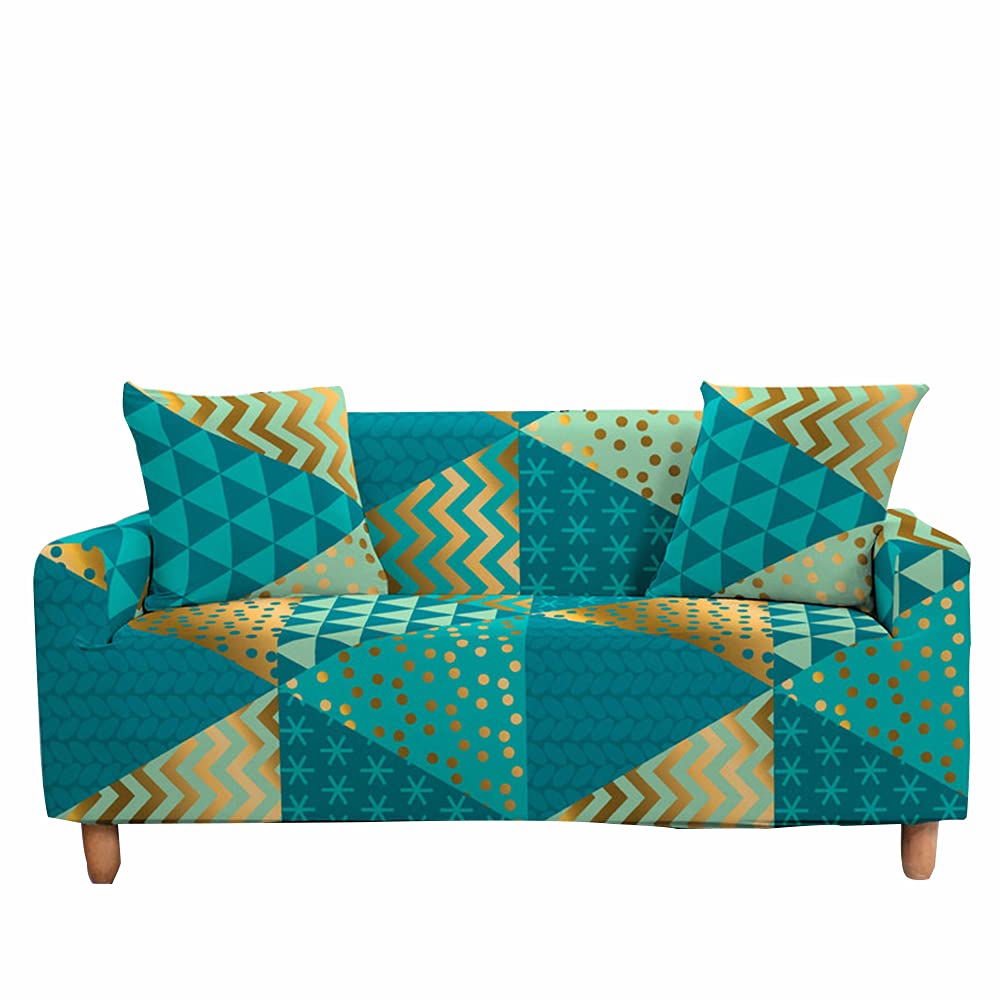 FANSU Sofa Cover Stretch Couch Covers, Soft Polyester Spandex Slipcover 3D Patchwork Printed Sofa Universal Loveseat Settee Furniture Cover Pet Friendly Protector (Cyan golden,2 Seater)