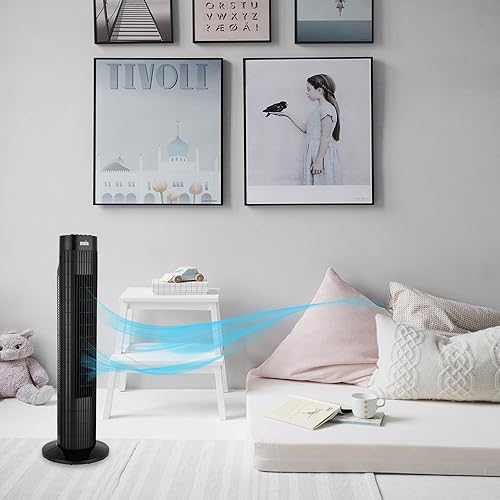 Miniatura 6 de Ventilador de torre oscilante negro con control remoto de 3 velocidades y 3 vientos, 30 pulgadas, ideal para habitaciones pequeñas