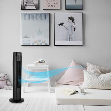 ANSIO Black Oscillating Tower Fan with Remote Control 3-Speed 3-Wind Mode, 30-Inch Ideal for Small Rooms.