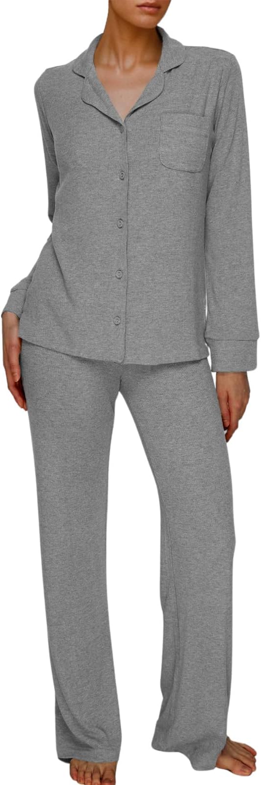 AnotherChillWomen's Pajamas Set Long Sleeve Button Down Ribbed Knit 2 Piece Sleep Sets Loungewear Soft Pjs