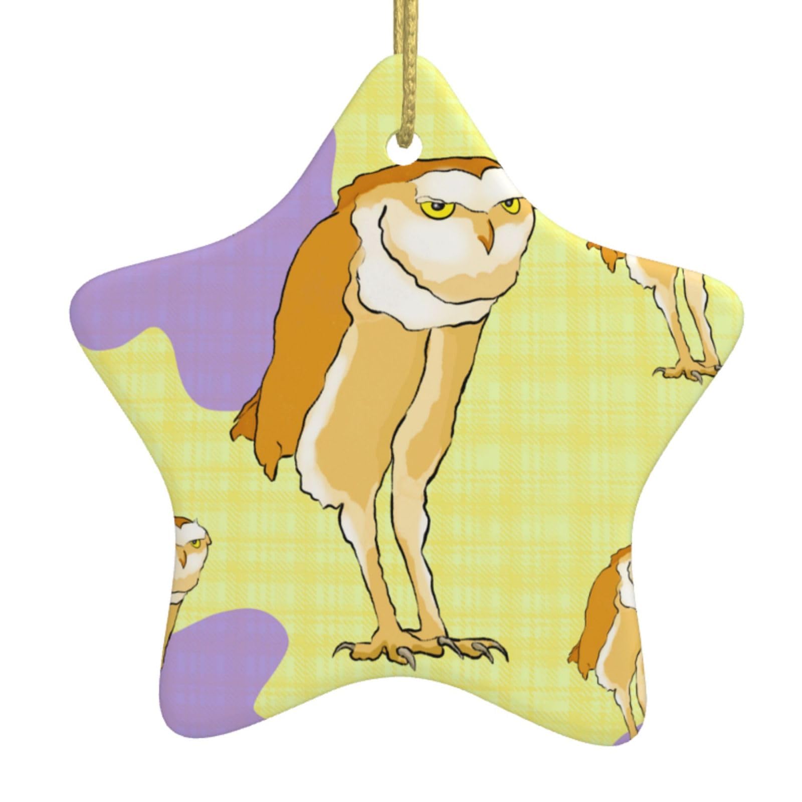 Standing Owl Christmas Ceramic Star Pendant with Punched Holes and Gold Wire Rope, Christmas Tree Home Decoration