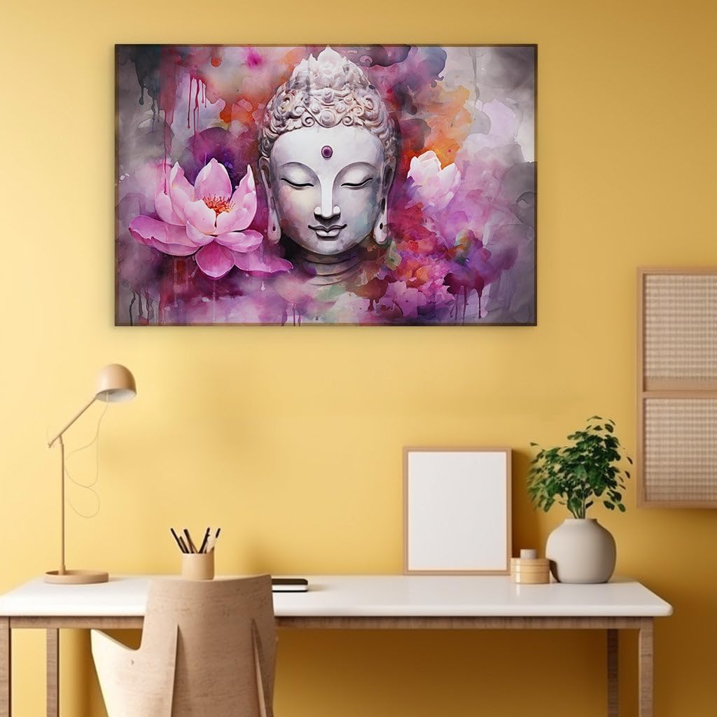 Canvas for Living room. Serenity in Bloom: A Digital Odyssey of a Tranquil Buddha Amidst Lotus Gardens, 27 x 18 inch Canvas Wall Art - Contemporary Masterpieces - Modern Home Decor