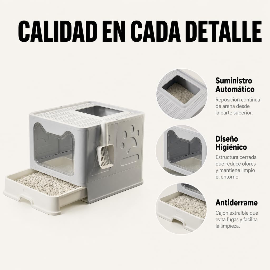 Arenero para Gatos Cerrado con Cajón Extraíble y Doble Entrada – Bandeja Higiénica con Tapa, Puerta Transparente, Entrada Superior con Rejilla Filtrante y Pala Incluida, Anti-Olor, Fácil Limpieza