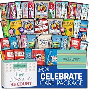 Gift A Snack – Congratulations Snack Box Variety Pack Care Package + Greeting Card (45 Count) Congrats Cheer Sweet Treats Gift Basket, Candies Chips Crackers Bars, Crave Food Assortment – Adults Kids