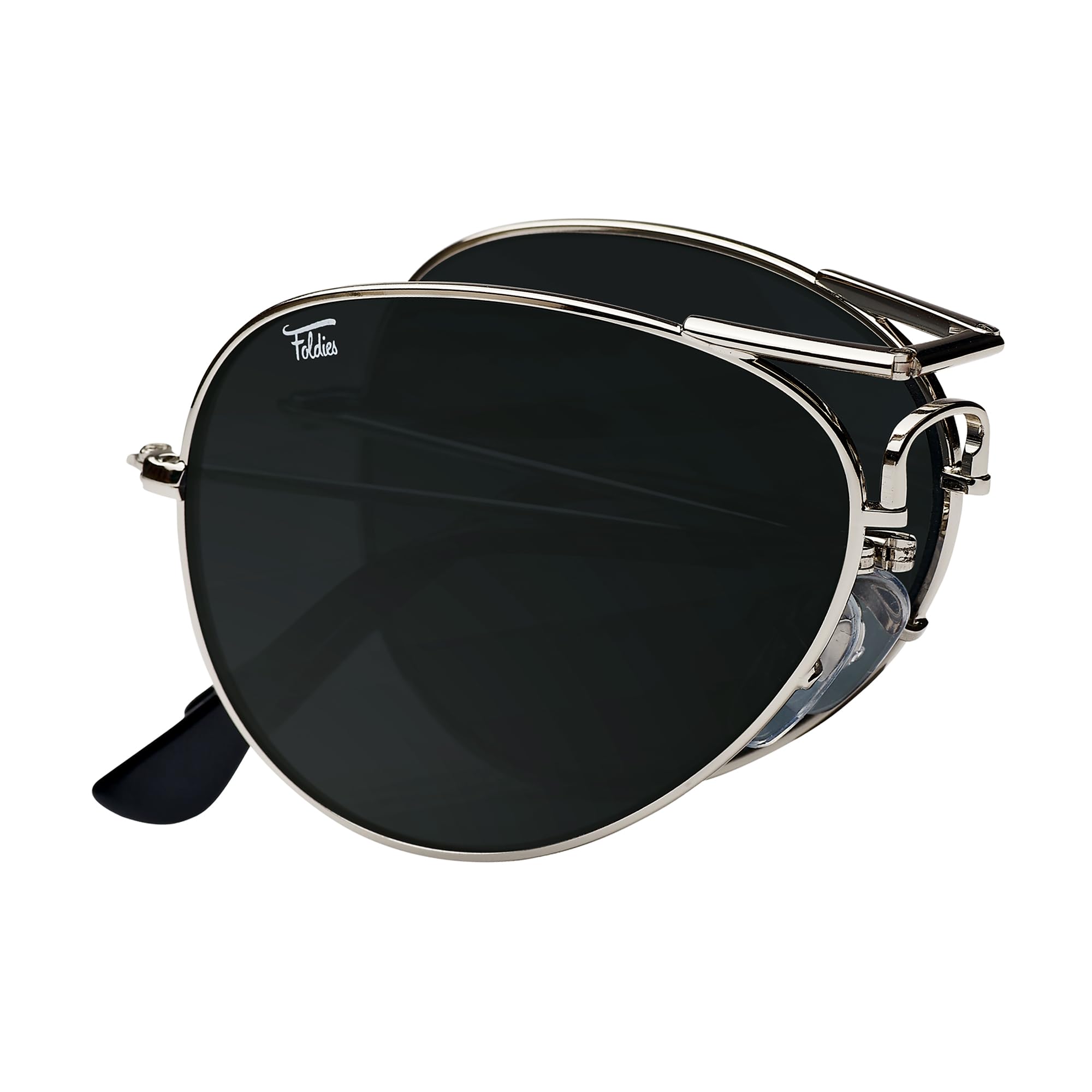 Foldies Polarized Folding Aviators With Premium Cleaning Cloth and Leather Case, Silver - Black, M