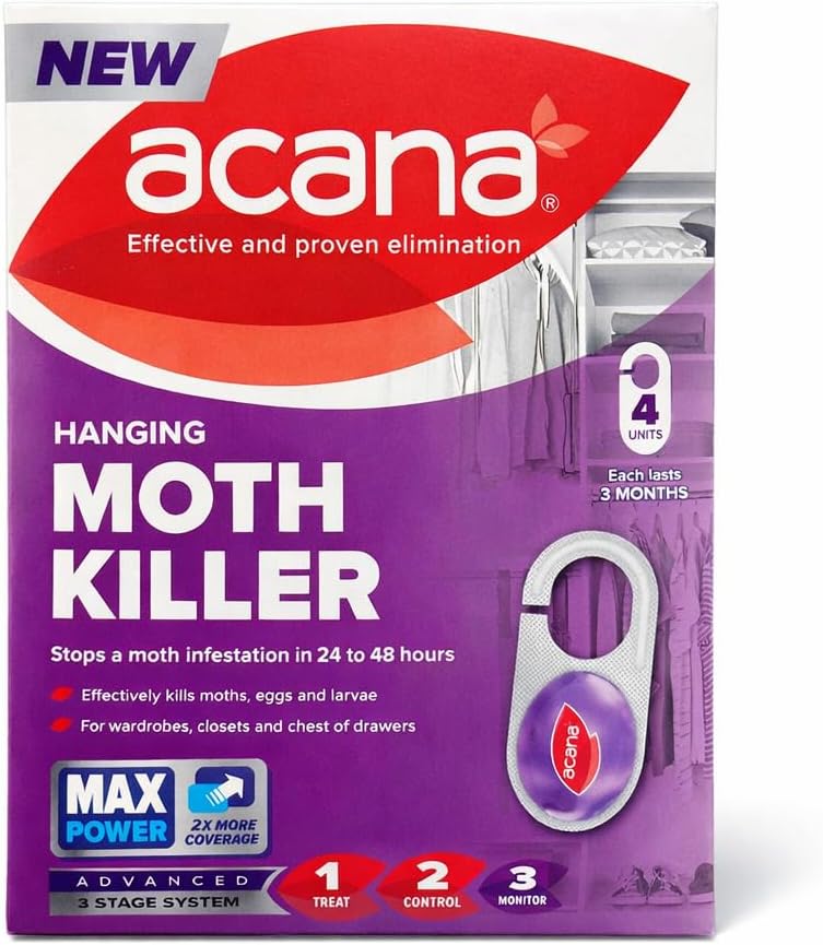 Acana (new) Hanging Moth Killer 4 Pack – Wardrobe & Closet Moth Traps, Fast Acting (24–48 Hours), Long Lasting Up to 6 Months, Protects Clothes, Fabrics & Bedding
