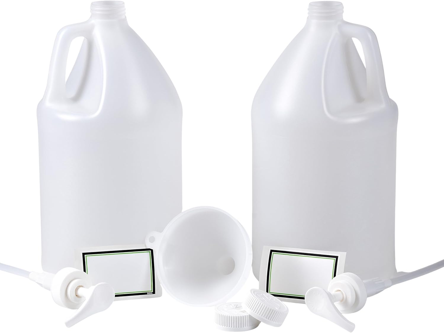 1 Gallon Jugs - Pack of 2 Plastic Jug Containers with 2x Child-Resistant Caps, 2x Bottle Pumps & Funnel | 128oz Reusable Food-Safe, BPA-Free Empty Gallon Jug for Water, Sauces, Liquids, Detergent (2)