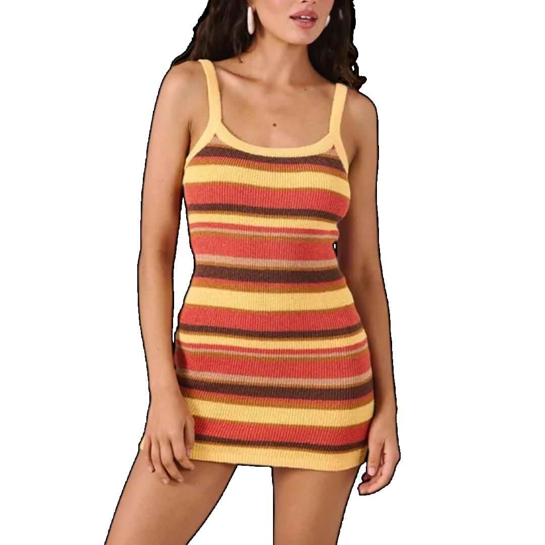 Women's Vintage Knitted Striped Skinny Mini Sleeveless Spaghetti Strap Bodycon Dress sleeveless