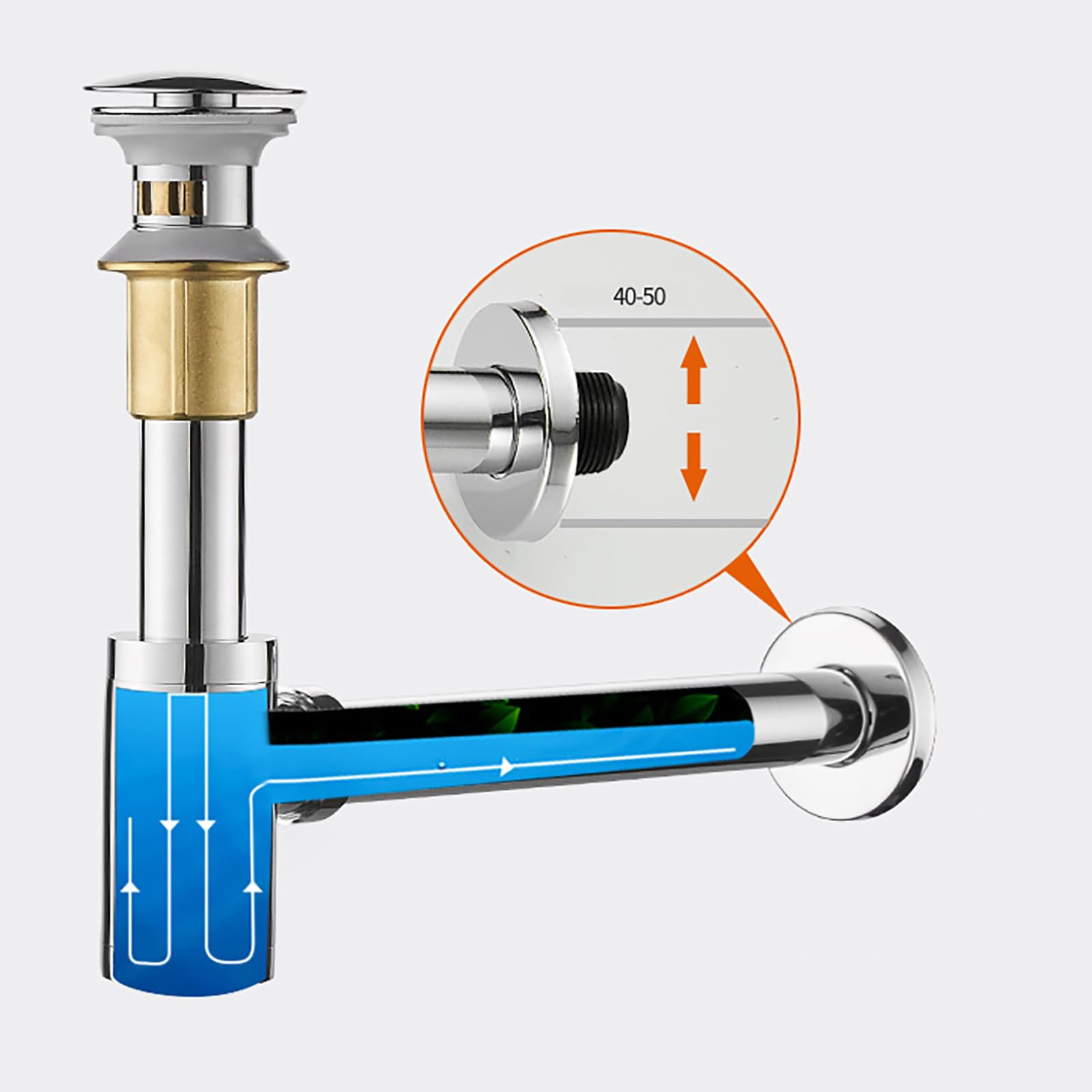 Siphon Waschbecken mit Überlauf,Pop Up Ablaufventil,Geruchsverschluss,Höhenverstellbar Abflussrohr Waschbecken,Universal Abflussrohr 1 1/4"