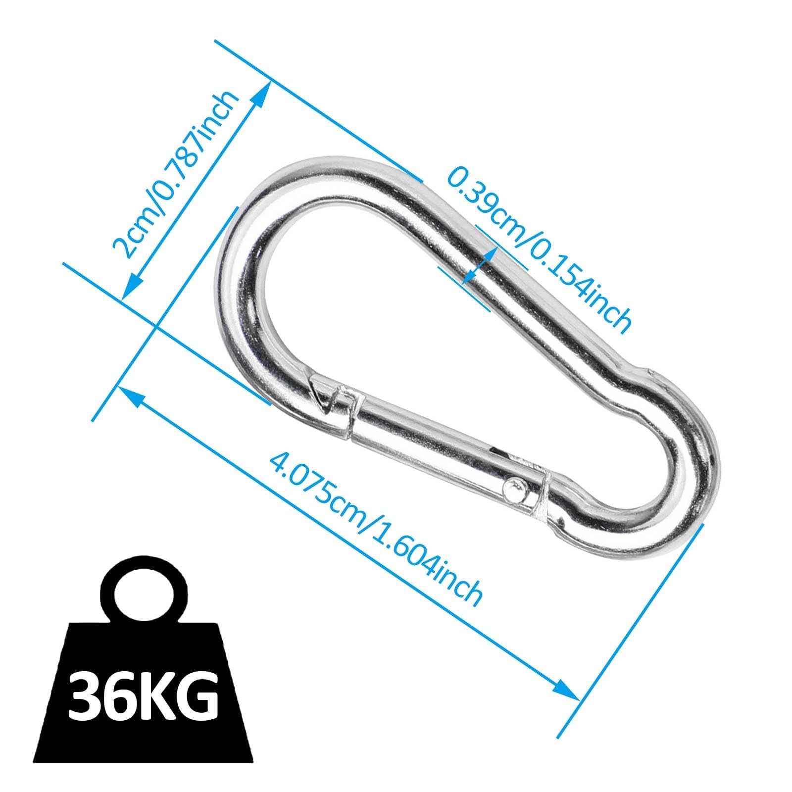 20 Pièces Mousqueton INOX,Argent Mousqueton Escalade,Petit à Ressort Porte-Clés,Mousquetons Charge Maximale de 36 KG pour Sac à Dos Laisse Chien Camping Pêche Voyage