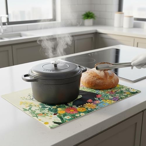 Miniatura 5 de Juego de 4 manteles individuales de tela lavables para mesa de comedor con diseño de gato negro, decoración floral para cocina y comedor para