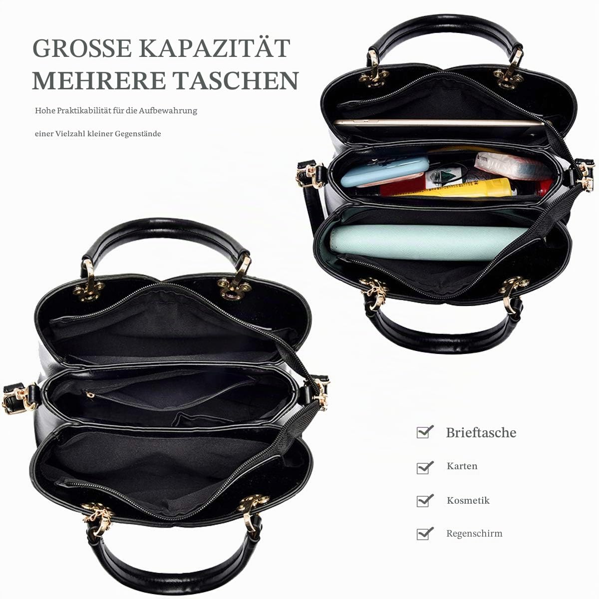 NICOLE & DORIS Elegante Damen Handtasche mit Mehreren Taschen Schultertaschen aus PU-Leder Henkeltaschen Karierte Umhängetasche mit Anhänger