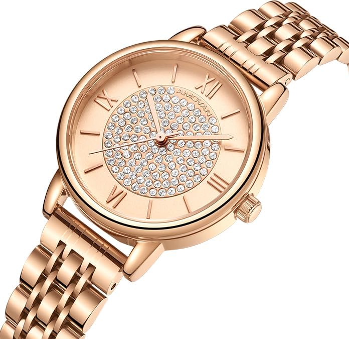 AMOVAN Gold Watches for Women with Vintage Round Case, Crystal Roman Dial, Stainless Steel Band, Adjustment Tool Included, Water Resistant - Image 2
