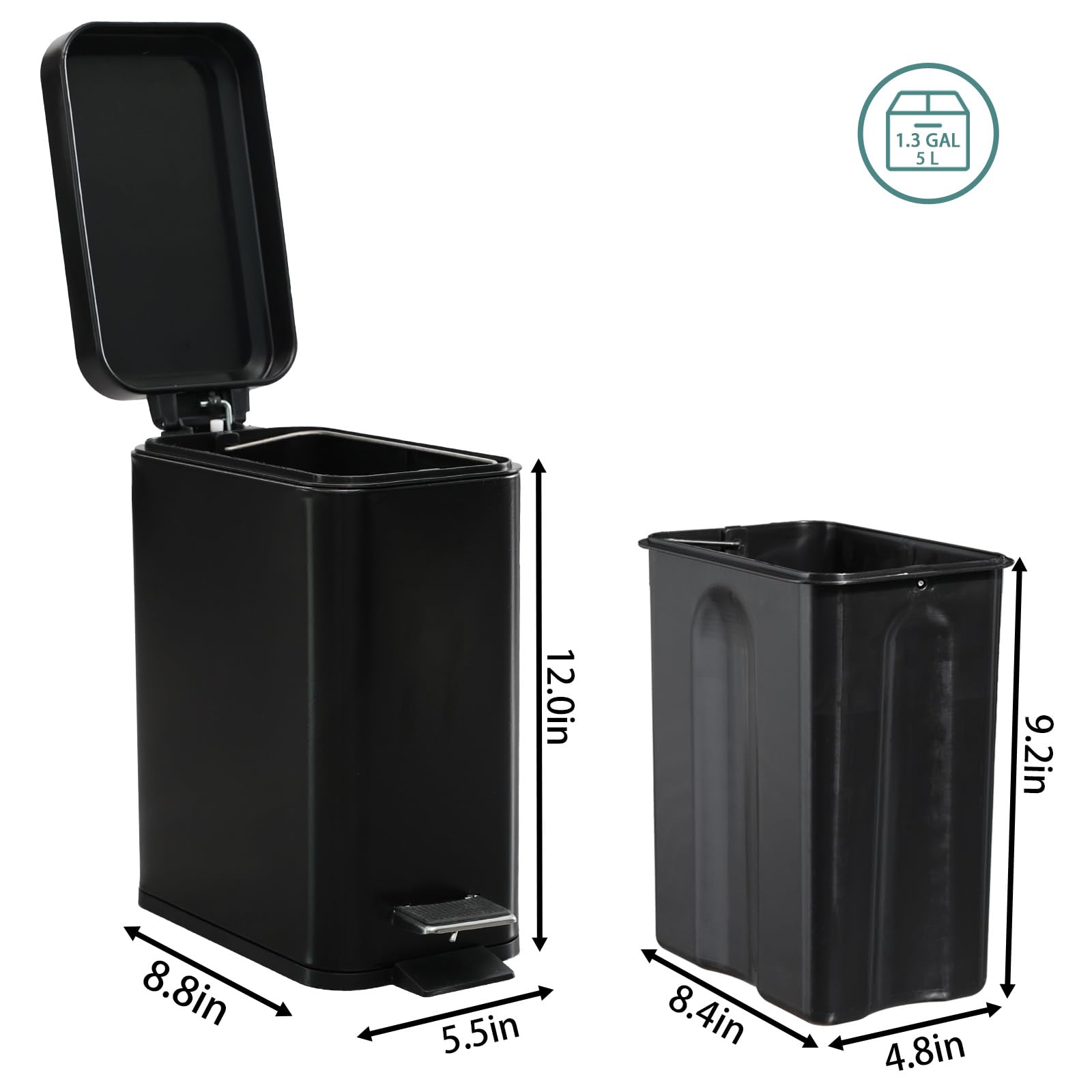 1.3 Gallon- Rectangular Small Steel Step Trash Can Wastebasket,Stainless Steel Bathroom Slim Profile Trash Can,5 Liter Garbage Container Bin for Bathroom,Living Room,Office and Kitchen,Black 1