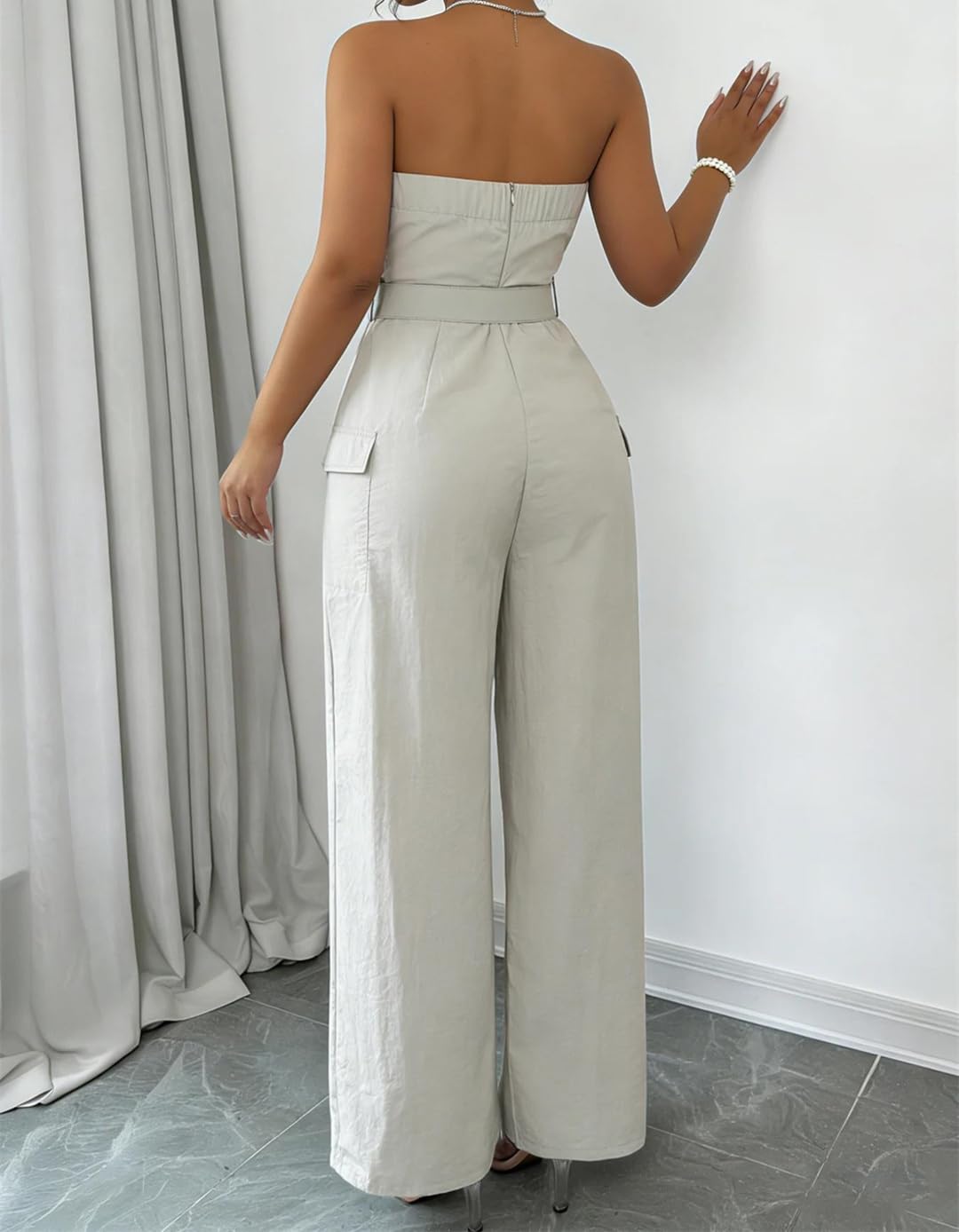 Yeuyyben Overol de verano para mujer, sin tirantes, con cinturón, pierna ancha, mezcla de lino, elegante, informal, para vacaciones, fiestas