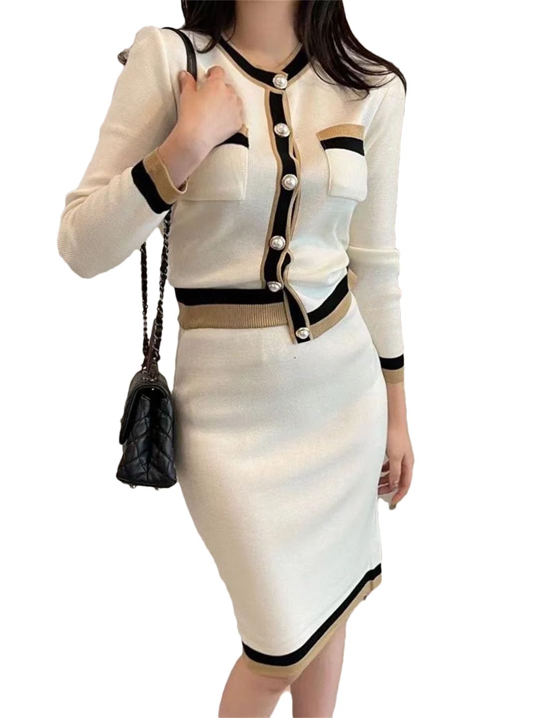 Set gonna da donna a maniche lunghe, tasche + gonna al ginocchio a vita alta in maglia, 2 pezzi