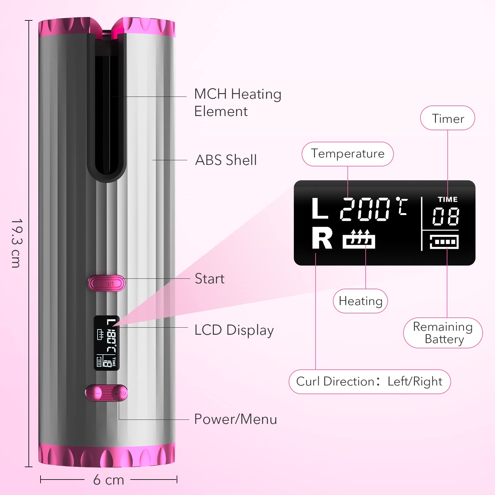 Automatischer kabelloser Lockenwickler, Farbverlauf Rosa - 6 Heizstufen, schnelles Aufheizen 60s, Auto Hair Wrap & Tangle-Free, Nano-Keramik- & Turmalin-Beschichtung für glänzendes Haar, tragbarer